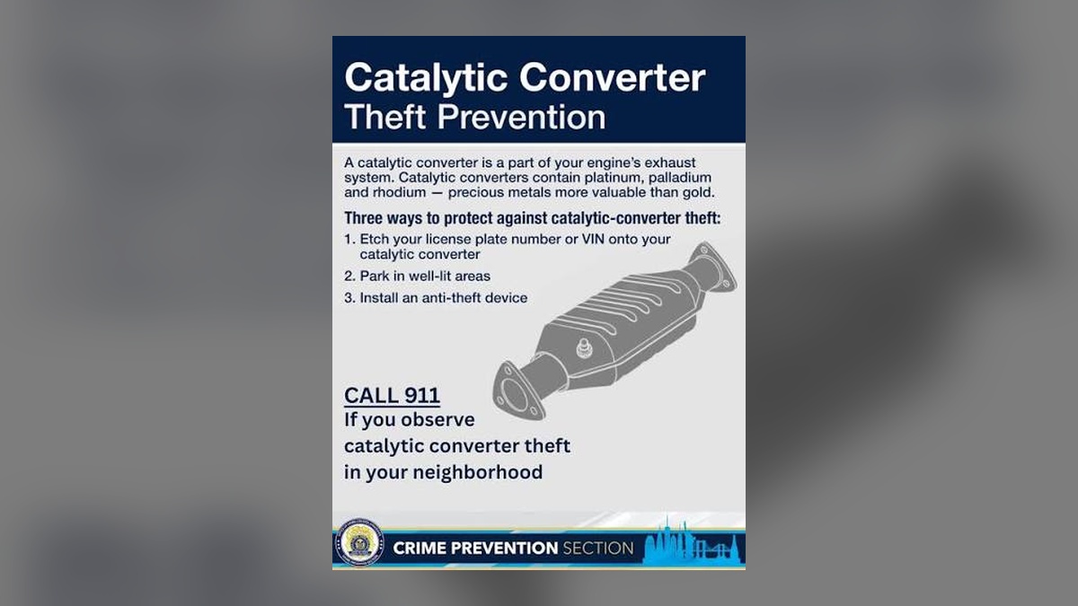 Catalytic converter theft prevention poster: etch your plate or VIN, park in well-lit areas, and install an anti-theft device