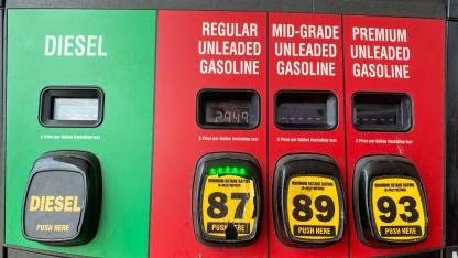 A gas station fuel pump showing diesel and regular 87, mid-grade 89, and premium 93 octane gasoline grades