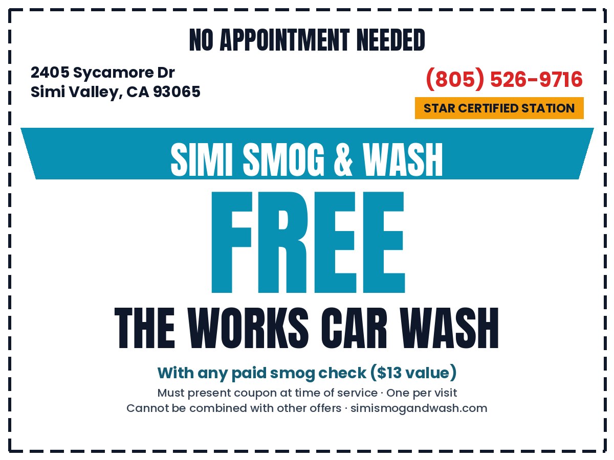 Free car wash with smog check coupon Simi Valley - Simi Smog & Wash (805) 526-9716